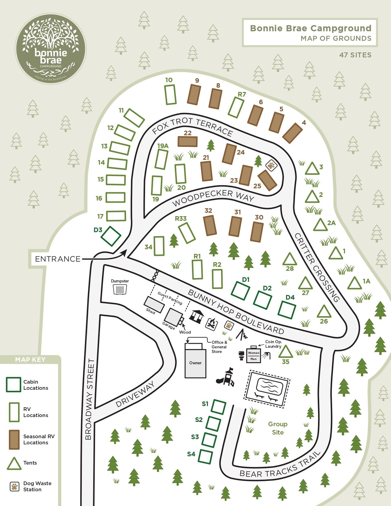 An illustrated map of bonnie brae campground