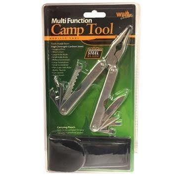 A multi function camp tool is in a green package.