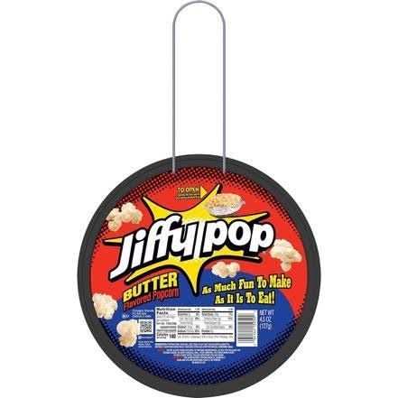 Jiffy pop butter flavored popcorn with a handle