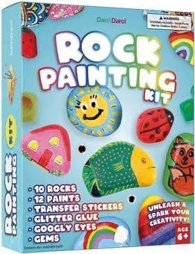 A box of rock painting kit with paints , transfer stickers , glitter glue , googly eyes and gems.