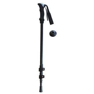 A black hiking pole with a rubber tip on a white background.