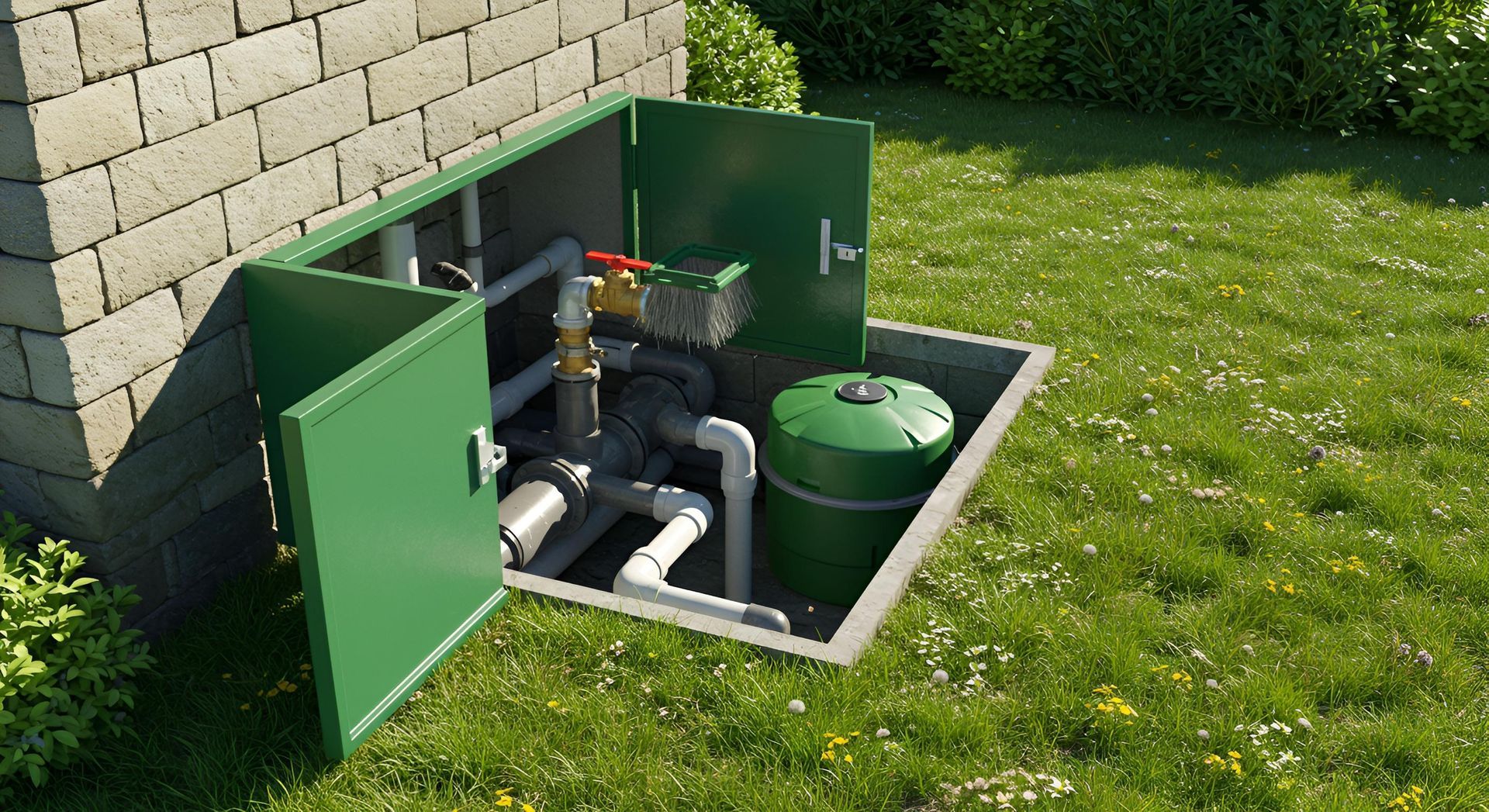 An outdoor irrigation pump system with green doors, pipes, and a filter tank, partially recessed in a grassy yard.