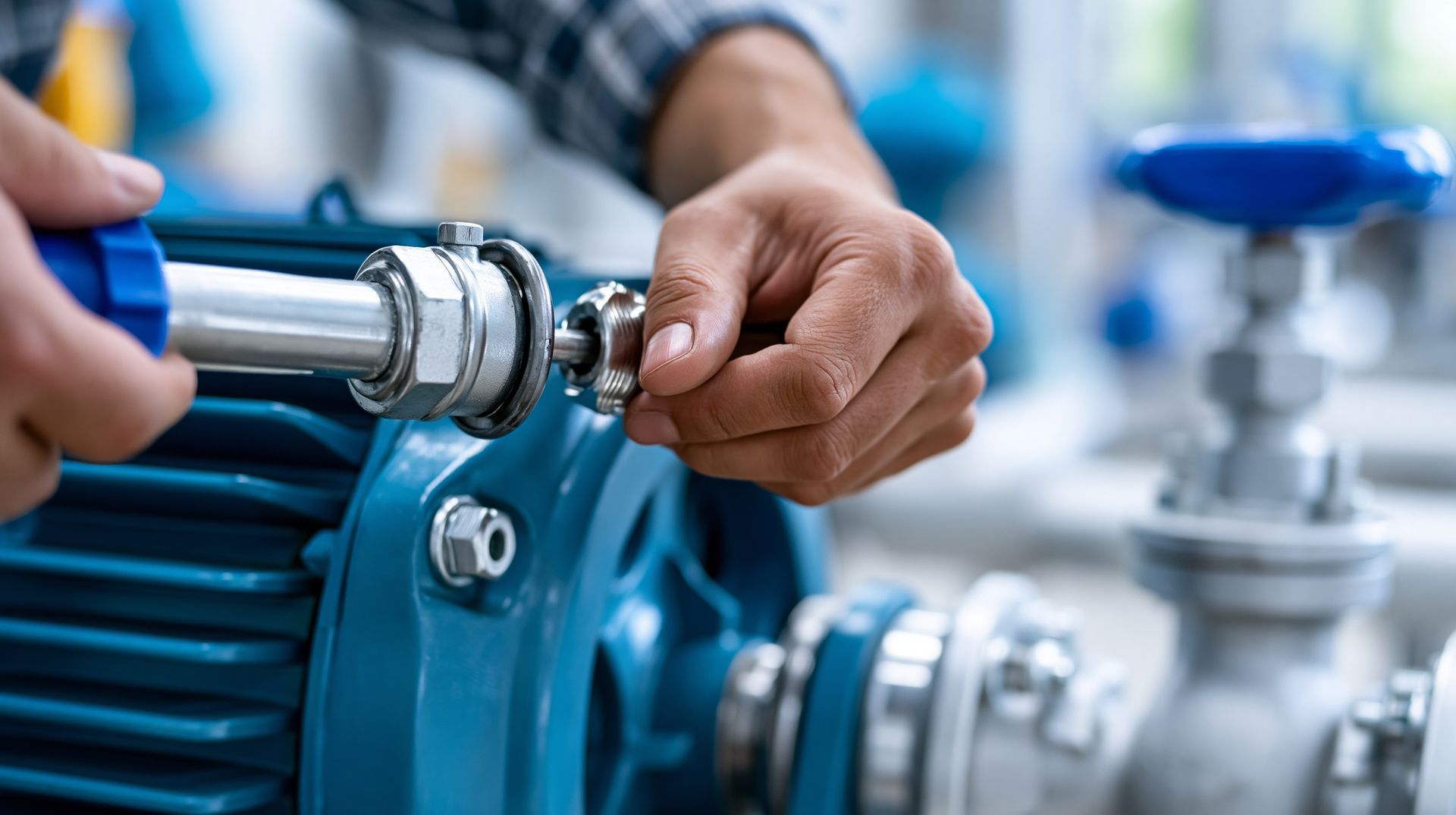 Hands tightening a metal fitting on blue industrial piping in a factory setting