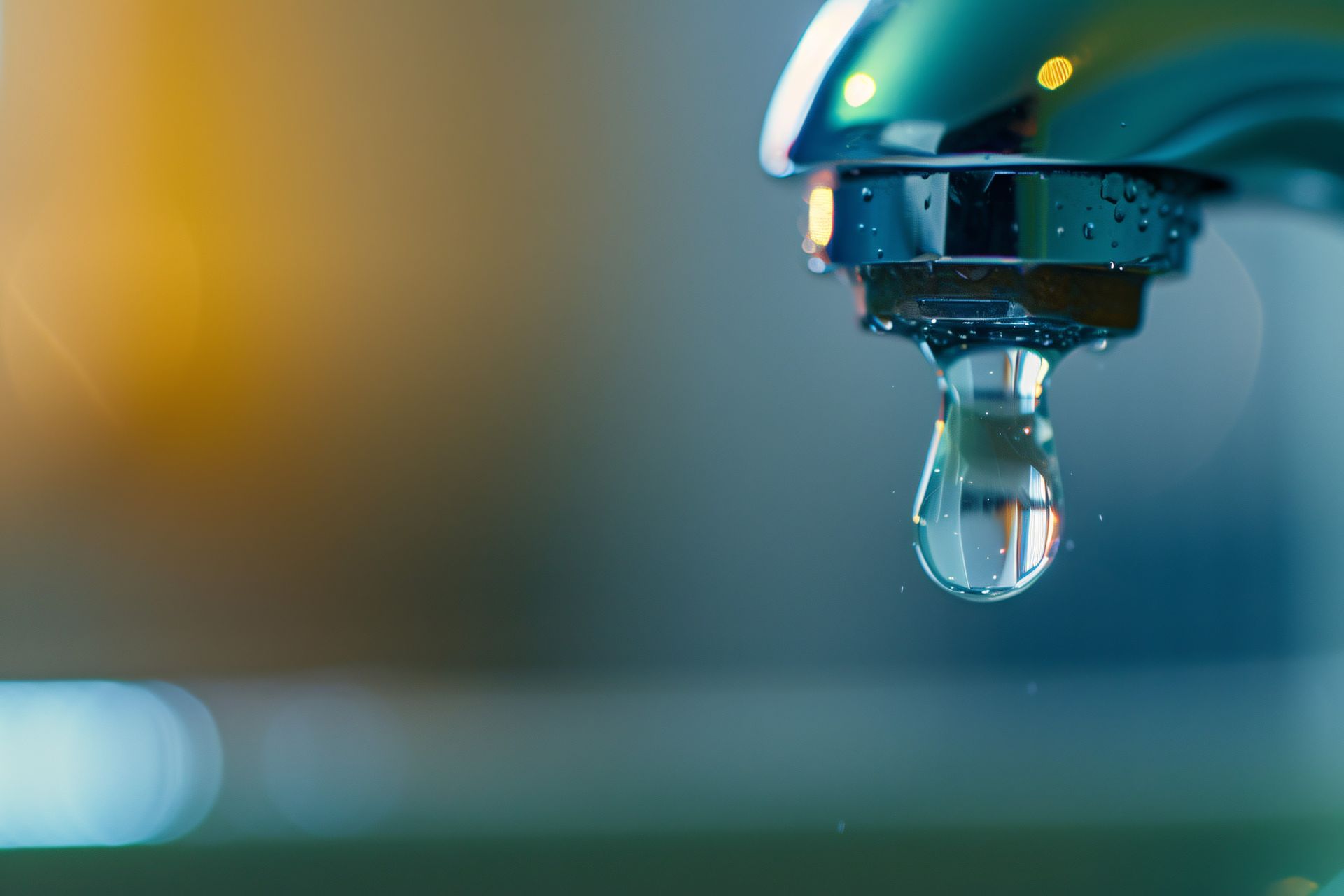 Close-up of a chrome faucet with a large water droplet suspended below the spout.
