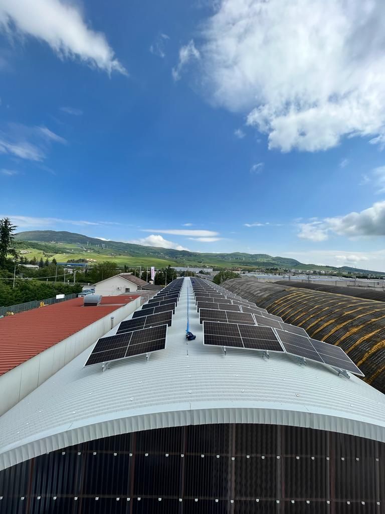 Una fila di pannelli solari sul tetto di un edificio