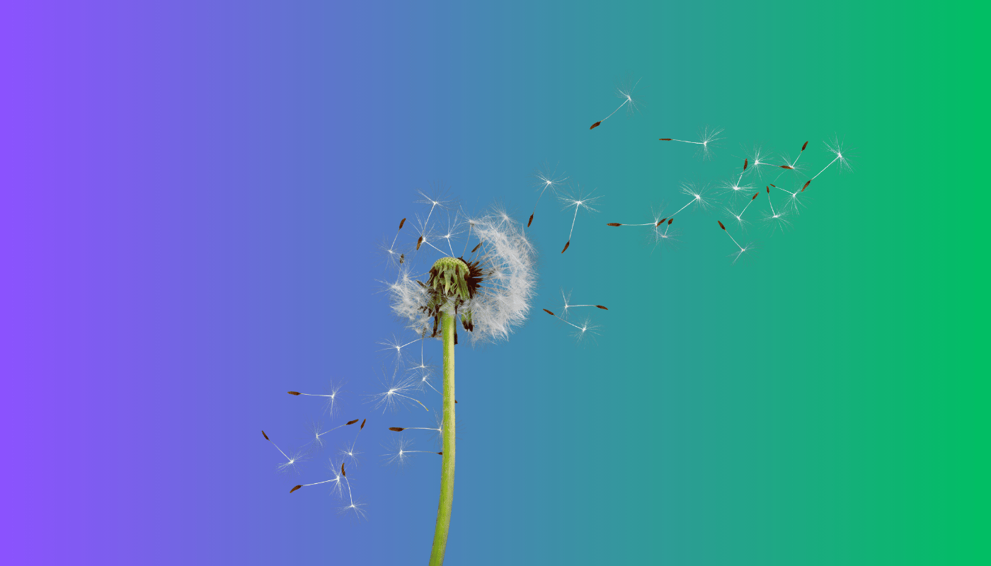 A dandelion with seeds blowing in the wind against a blue and green background.
