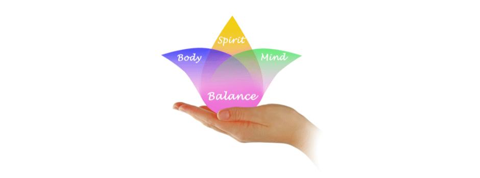 A hand is holding a colorful triangle with the words body , mind , and balance written on it.