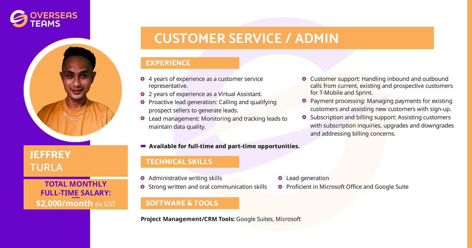 Overseasteams virtual assistant for customer service and admin role