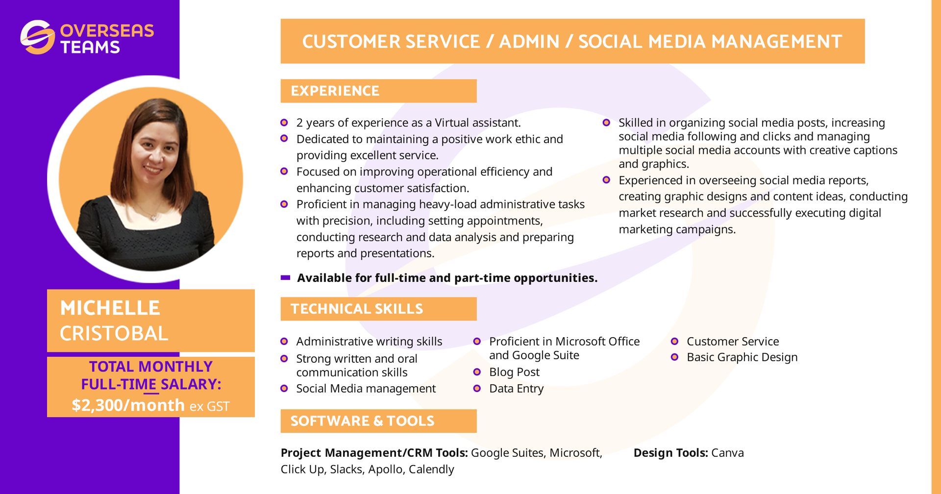 Overseasteams virtual assistant candidate for information customer service, admin, and social media management role