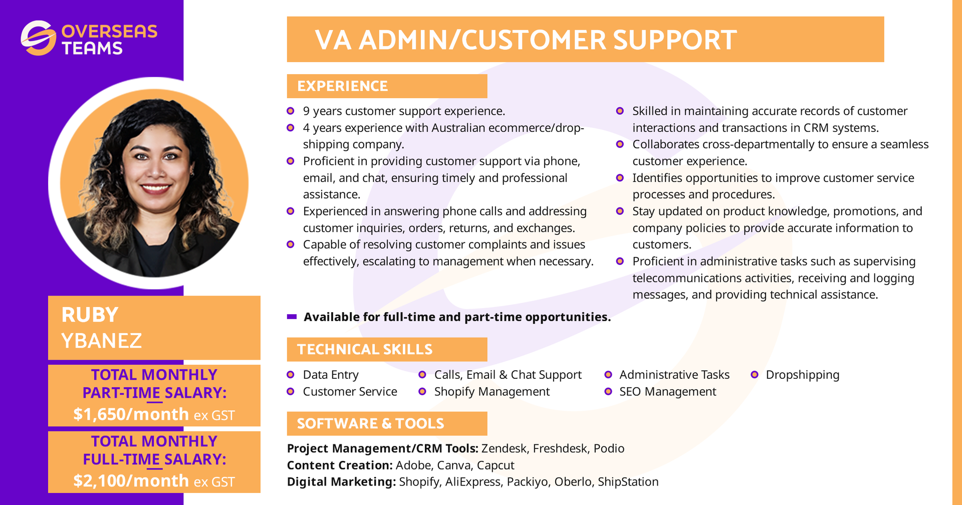 Overseasteams virtual assistant for admin and customer support role