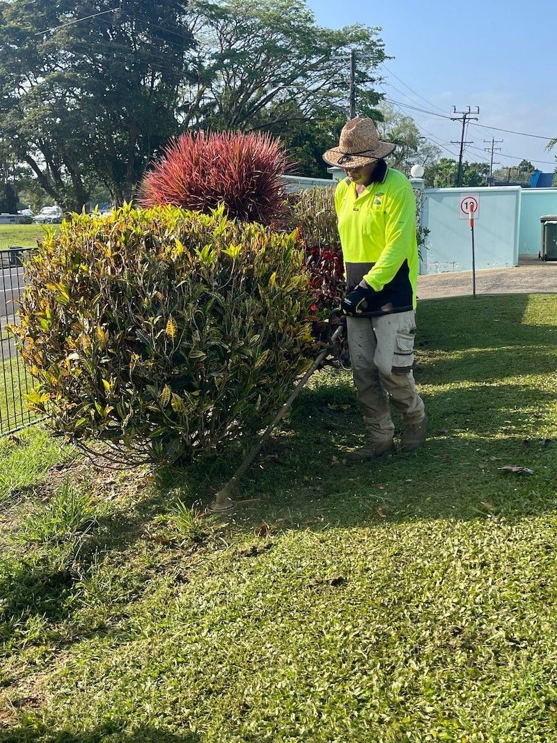 Man Cutting Grass With a Push Mower — Gardeners in Innisfail, QLD