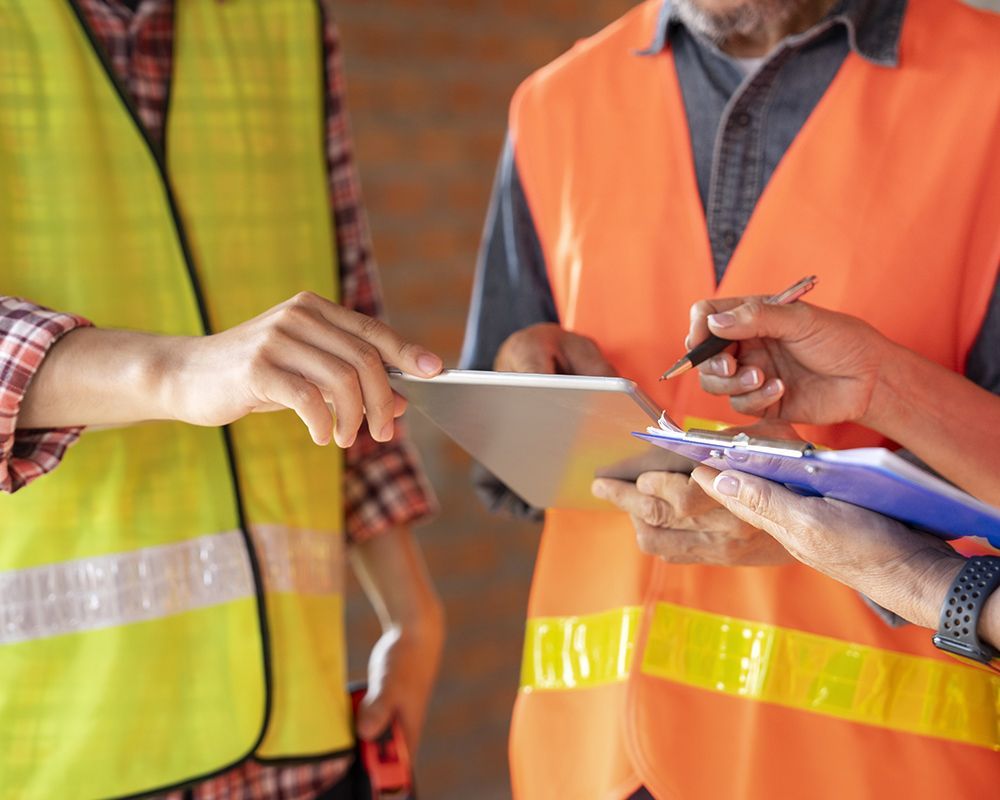 Worker Holding Tablet Discussing Construction Process