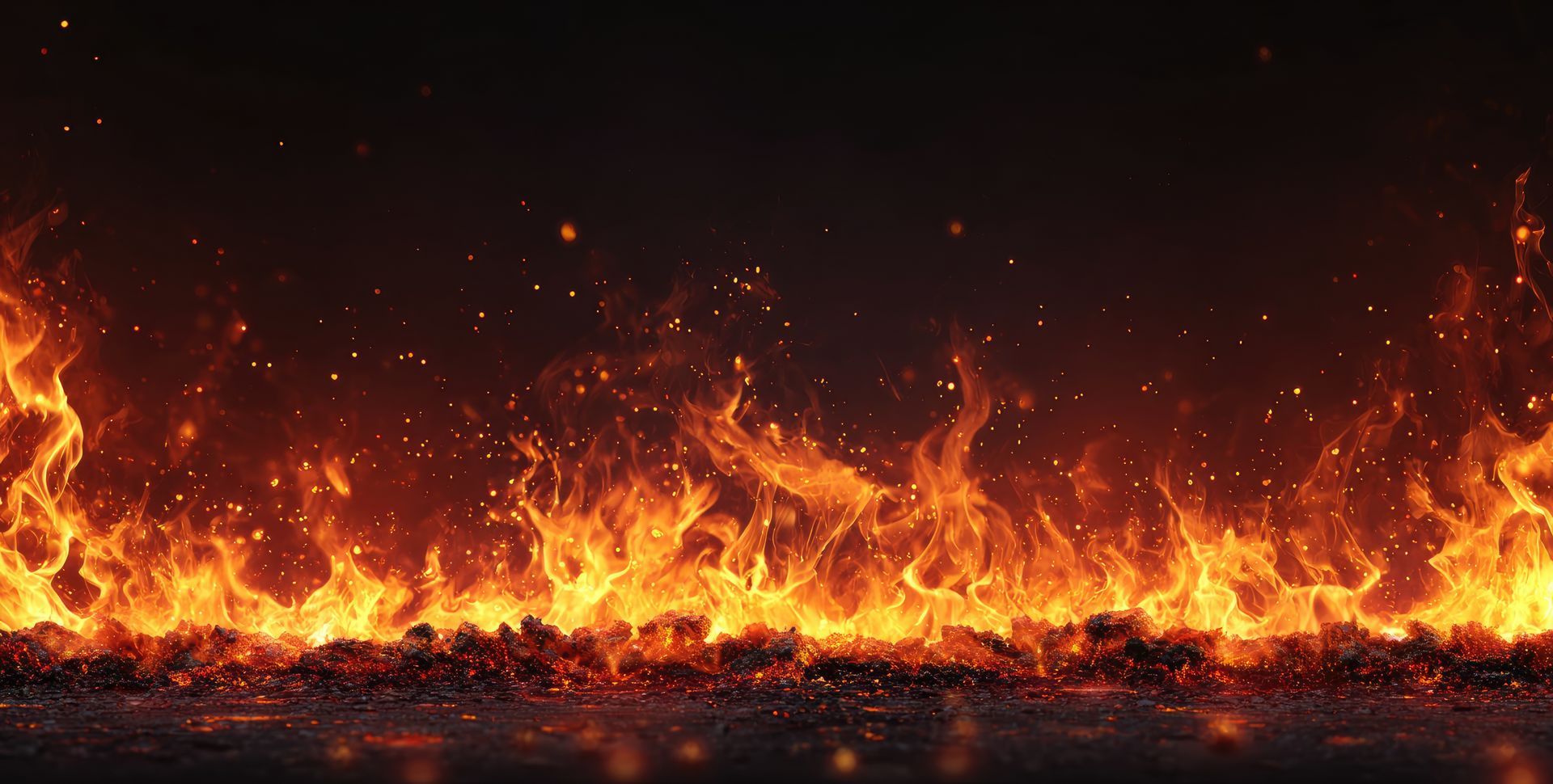 Flames rising from a dark surface with sparks against a black background.