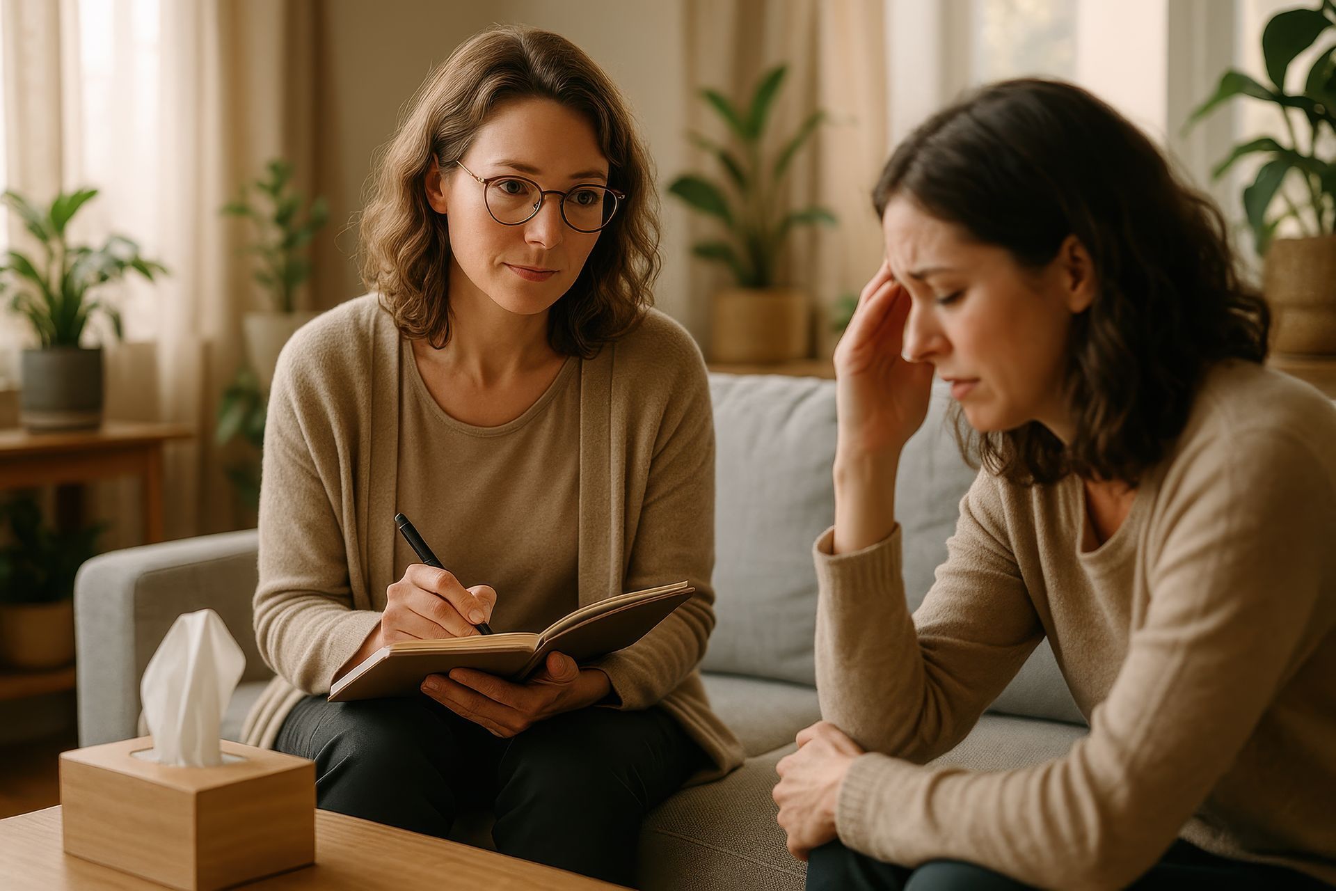 Woman in therapy session, sitting on a couch, talking to a therapist, who is taking notes.