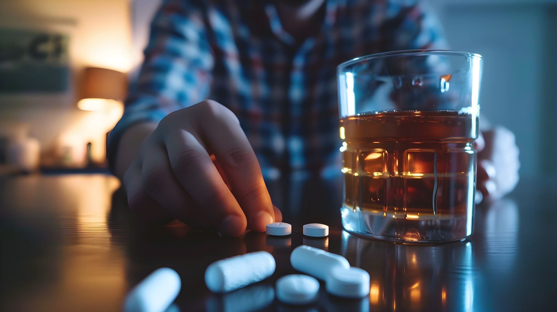 Person reaching for pills next to a glass of amber liquid. Pills and drink on a table indoors.