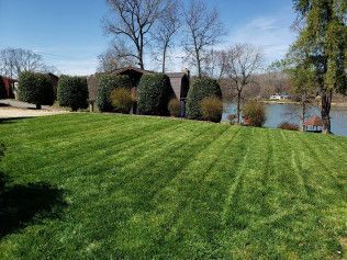 A lush green lawn with a lake in the background.