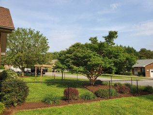 A lush green yard with a fence and a house in the background.