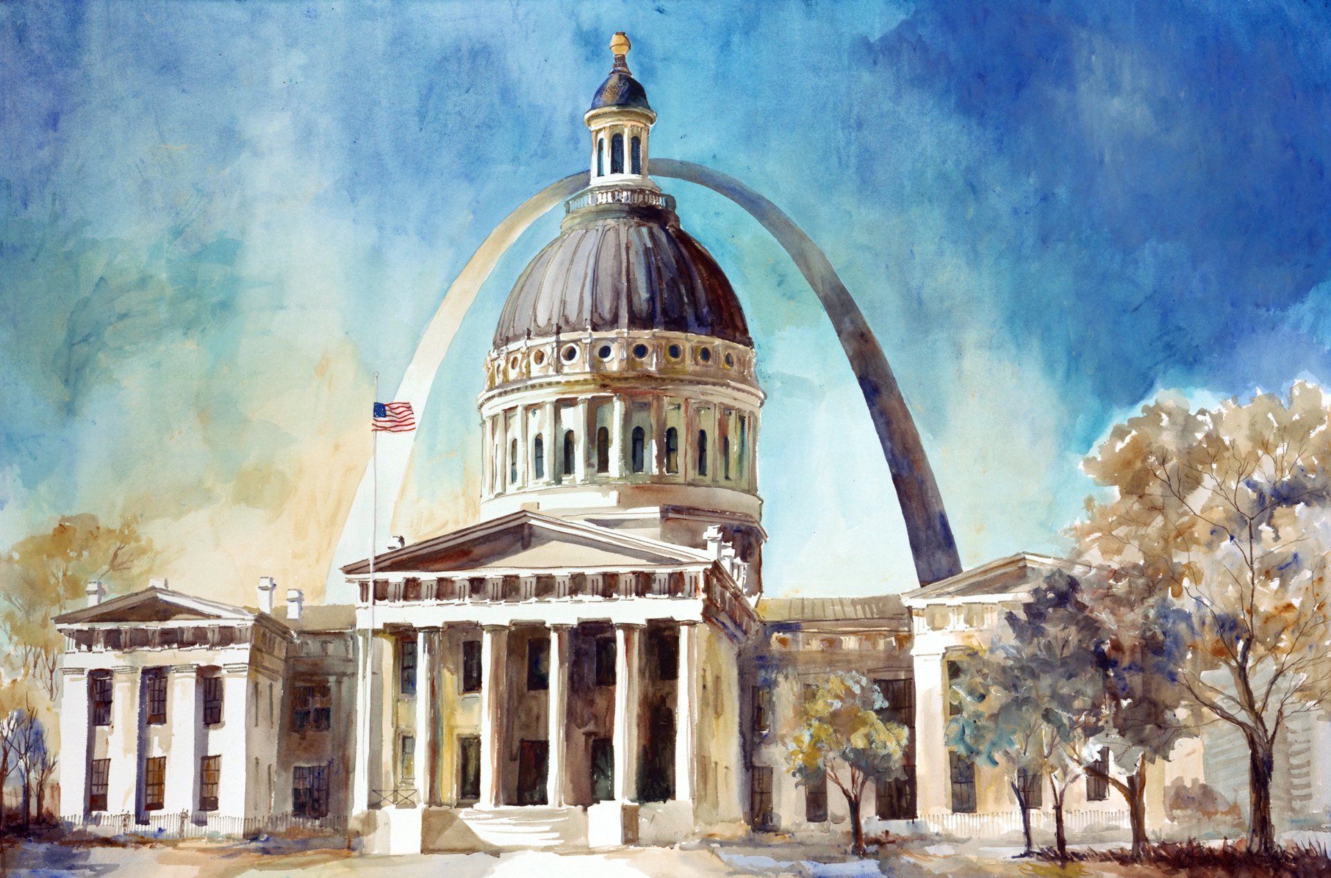 A painting of the capitol building with the arch in the background