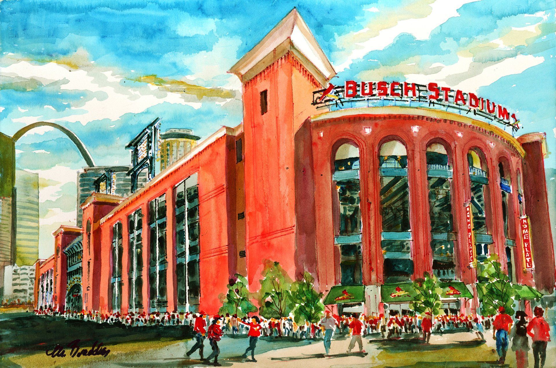 A painting of a large red building with the word stadium on it