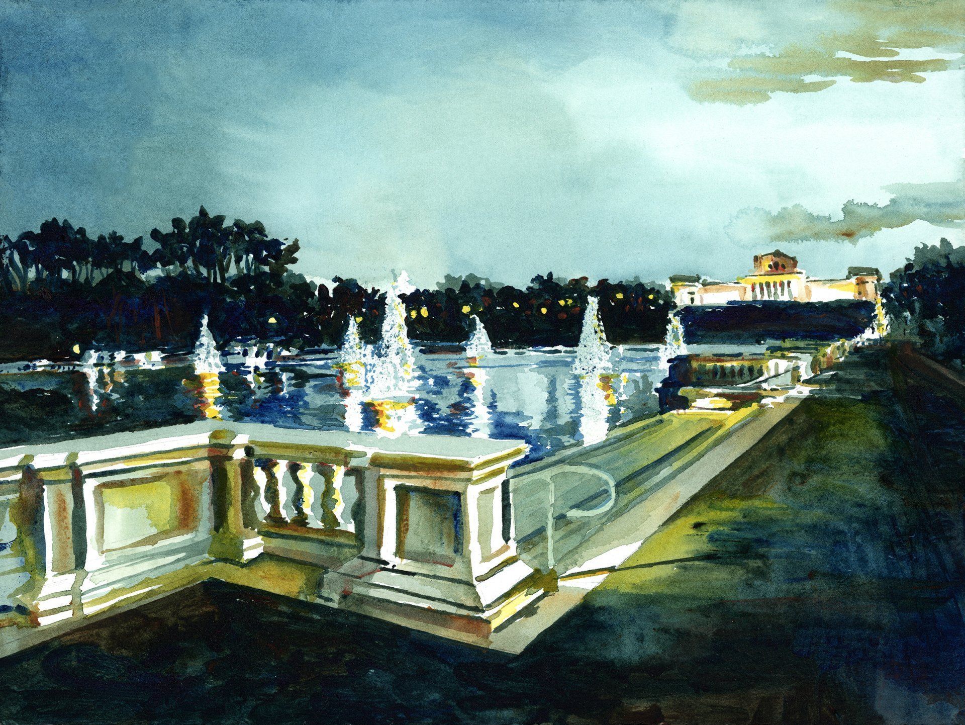 A painting of a fountain with a castle in the background