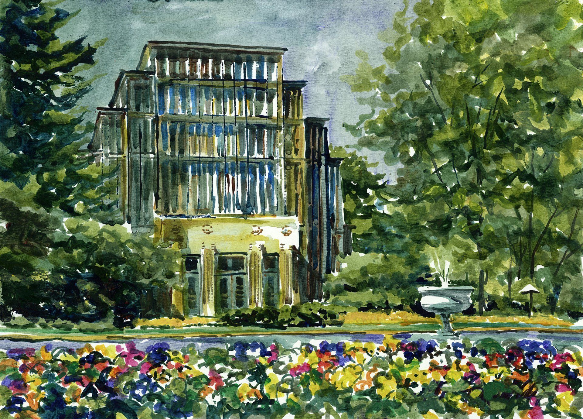 A painting of a building surrounded by trees and flowers