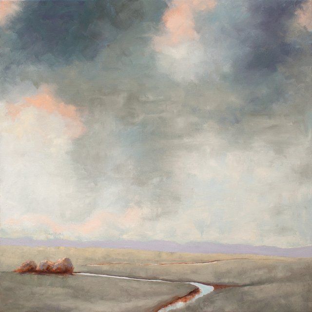 It is a painting of a river running through a field.