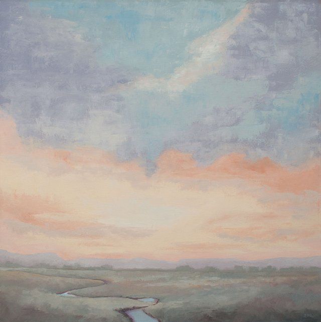 It is a painting of a sunset over a river.
