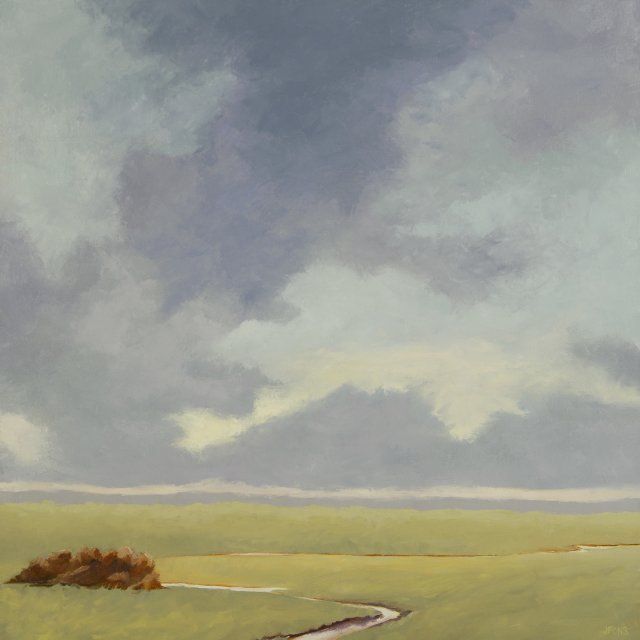 A painting of a field with a river running through it and a cloudy sky.