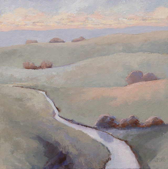 A painting of a river, through a grassy field.