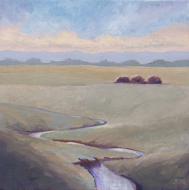A painting of a river running through a grassy field.