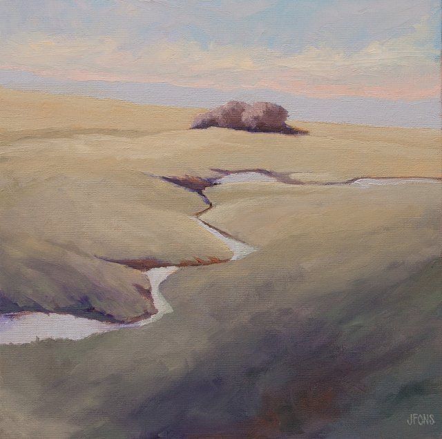 A painting of a landscape with a river running through it.