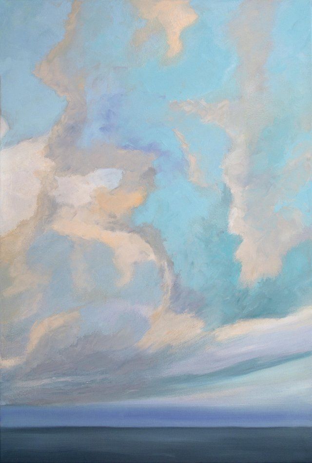 A painting of a blue sky with clouds over a body of water.