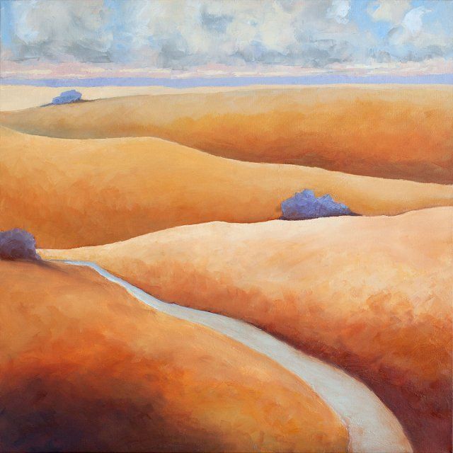 It is a painting of a desert landscape with a river running through it.