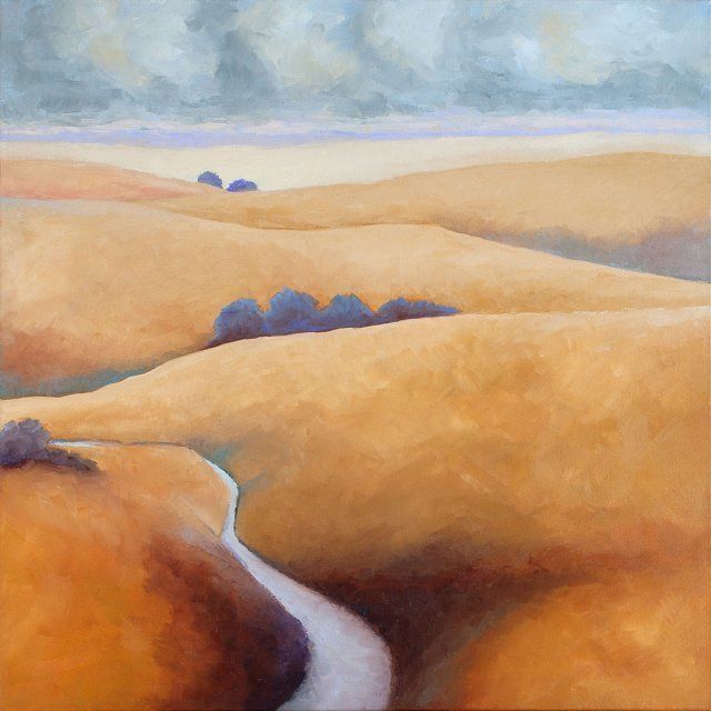 It is a painting of a river running through a desert landscape.