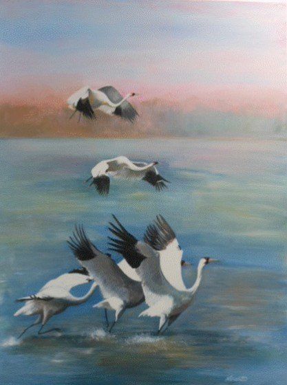 A painting of birds flying over a body of water