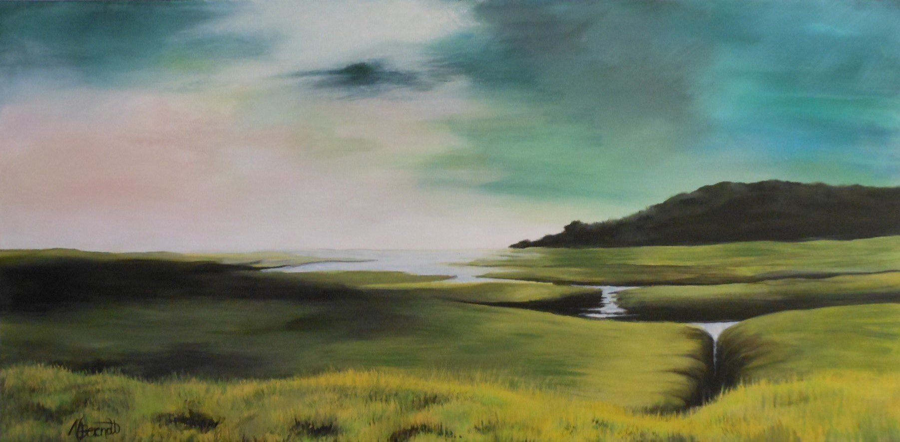 A painting of a landscape with a waterfall in the middle of a field.