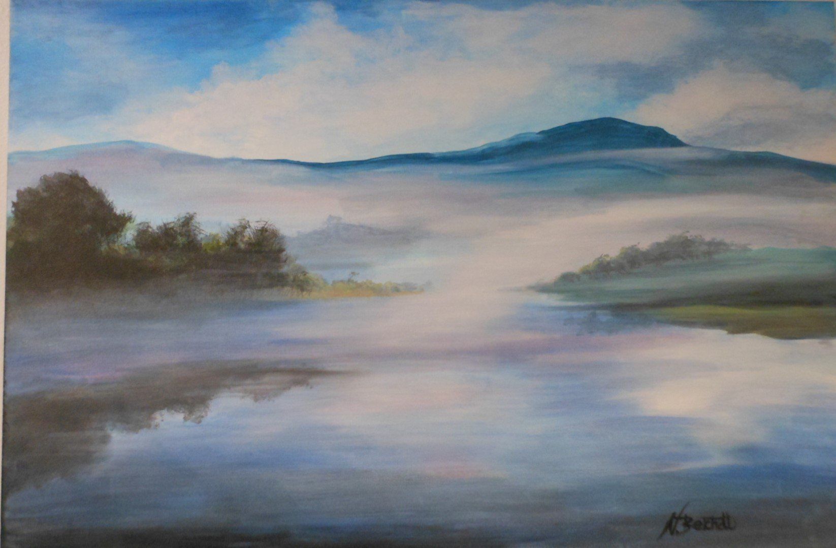 A painting of a foggy lake with mountains in the background.