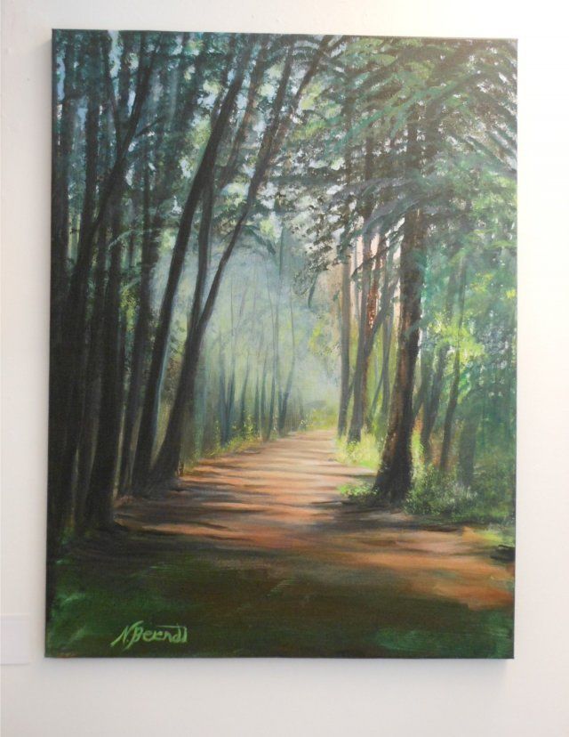 A painting of a path in the woods with trees on both sides