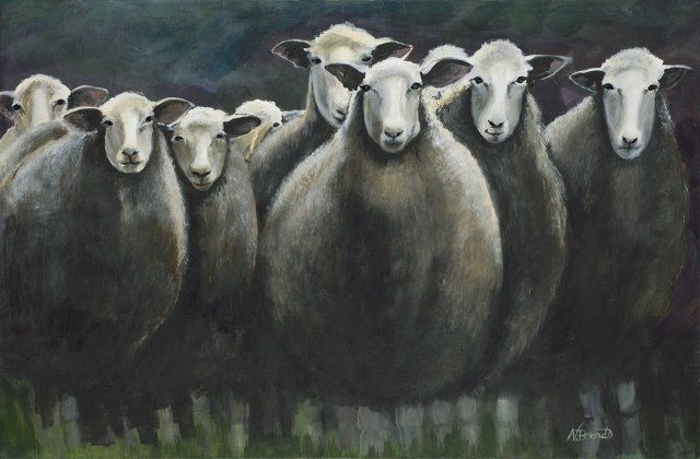 A painting of a herd of sheep standing next to each other in a field.