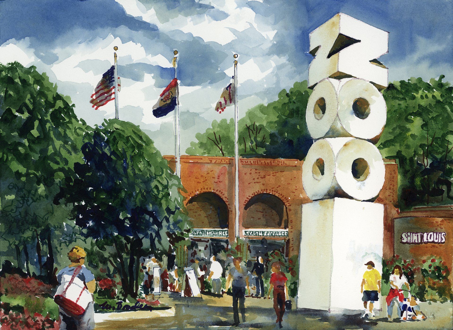 A watercolor painting of a zoo entrance