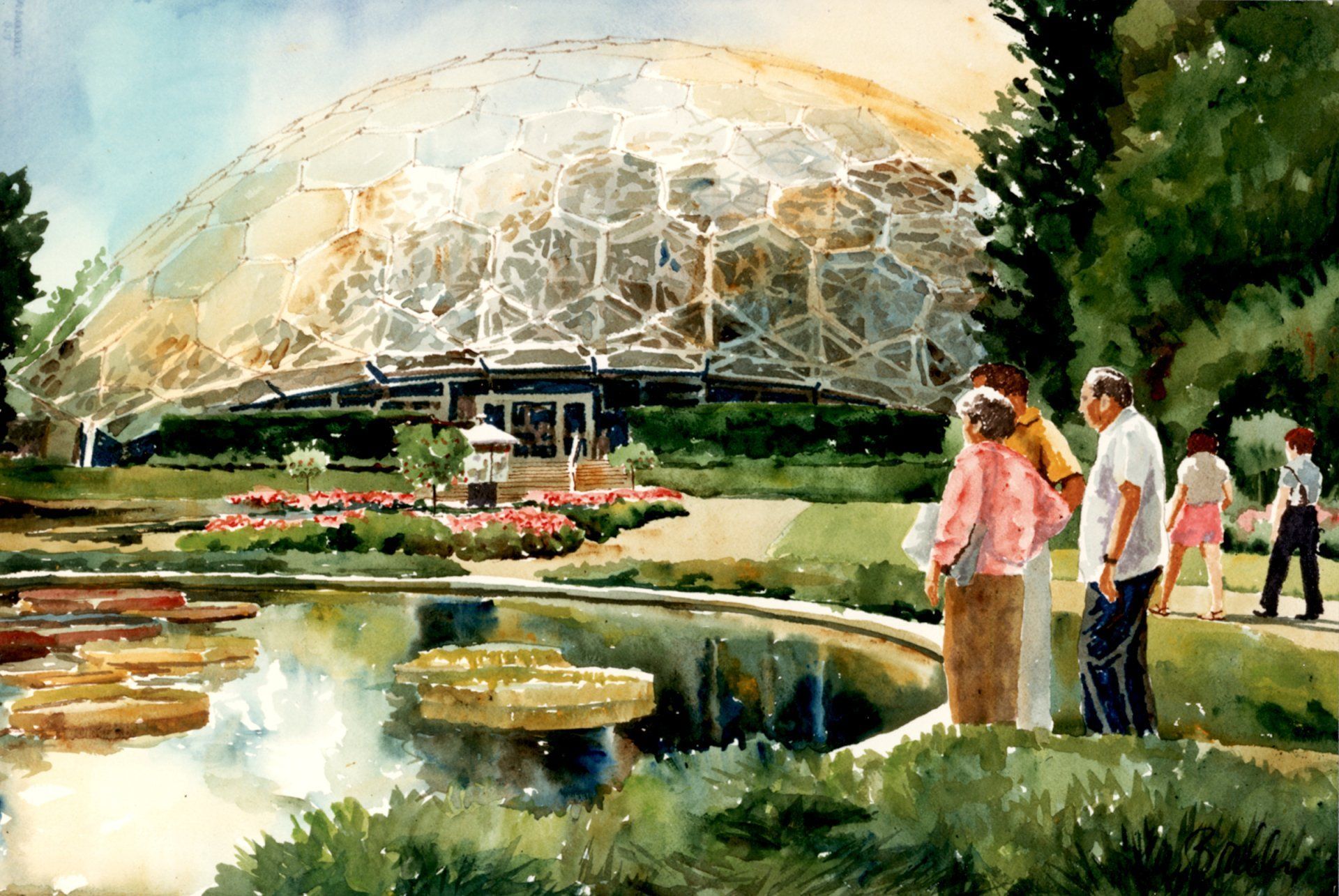A painting of people looking at a dome in a park