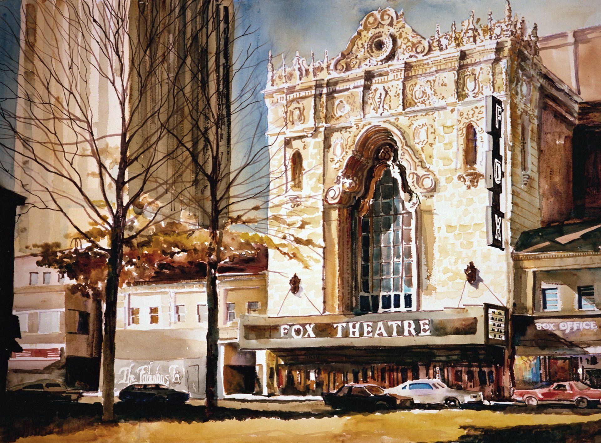 A painting of the fox theatre with cars parked in front of it