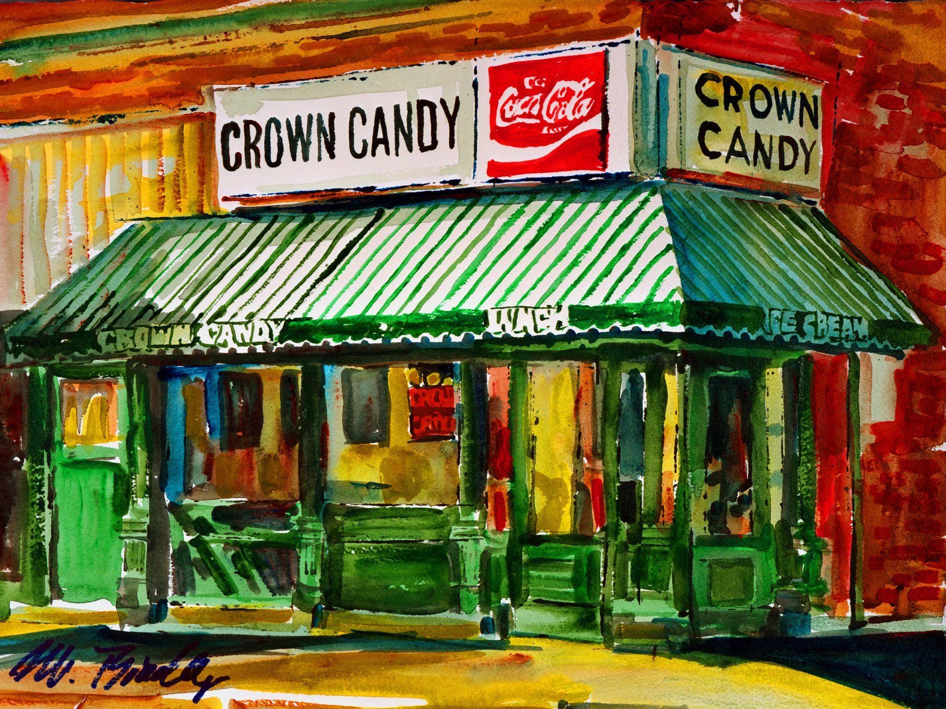 A watercolor painting of a crown candy store