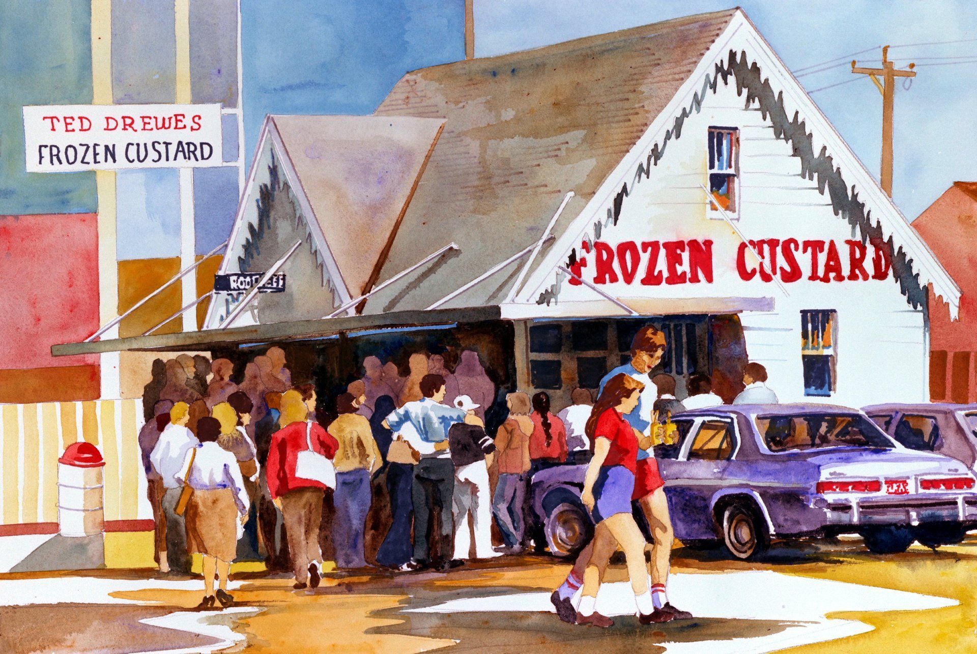 A painting of people standing outside of a frozen custard shop