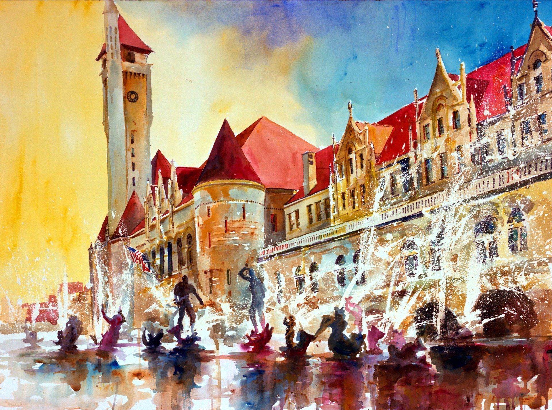 A watercolor painting of a large building with a clock tower