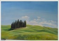 A painting of a landscape with trees on a hill.