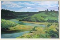 A painting of a river surrounded by trees and hills.