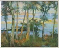 A painting of a forest with trees and a lake in the background.
