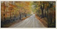 A painting of a dirt road going through a forest.