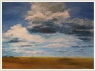 A painting of a cloudy sky over a field.